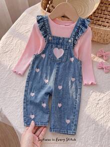 Cozy Pixies Baby Girl Pink Heart Embroidered Pattern Blue Denim Overalls Pcs - Blue - View 9