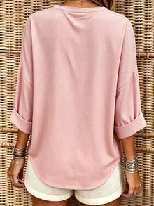 EMERY ROSE Women's Striped V-Neck Casual Loose Pocket Shirt - Pink - View 2