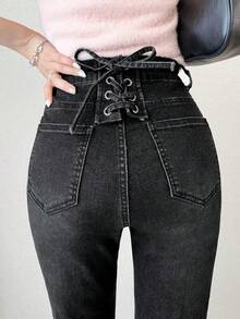 FRIFUL Atasan Wanita Serbaguna: Celana Jeans Denim dengan Kancing Saku dan Ujung Bawah Melebar serta Tepi Kasar - Hitam - View 4