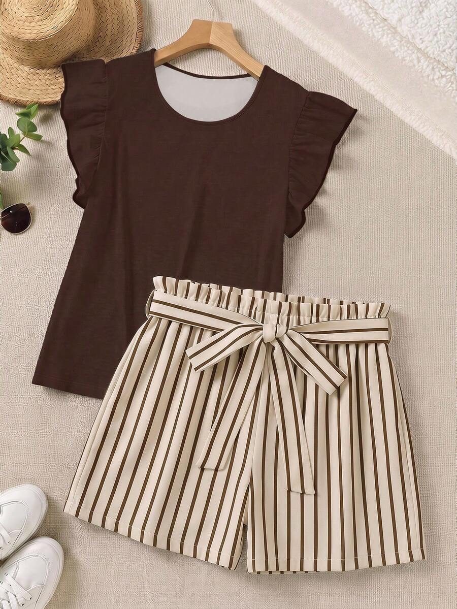 SHEIN LUNE 優雅純色荷葉邊上衣與印花短褲兩件套，夏季休閒百搭舒適浪漫復古，女款蝴蝶袖上衣配蝴蝶結短褲，女式通勤套裝，女式夏季穿搭，女式度假穿搭 - 彩色 - 查看 1