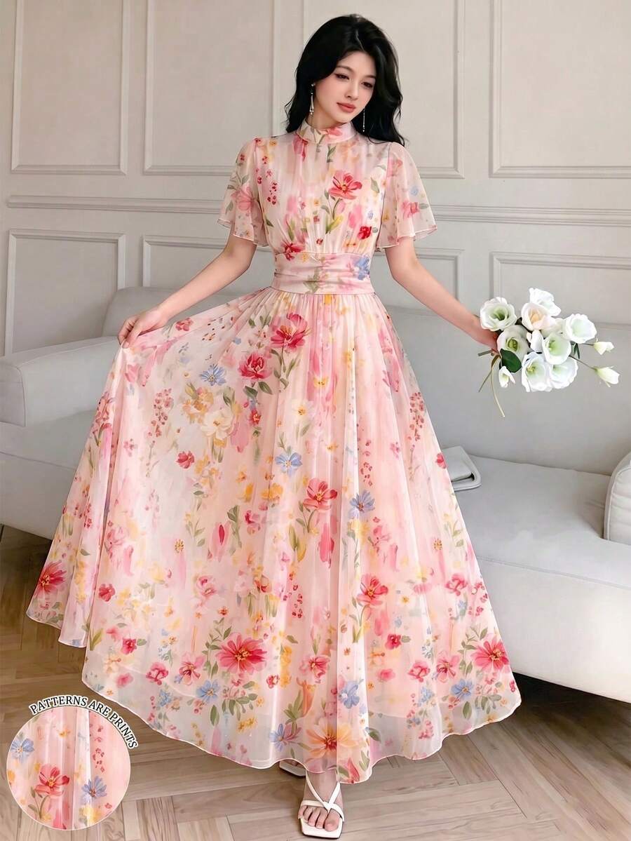 Modelyn 花卉植物水彩紮染印花半高領荷葉邊短袖法式優雅長洋裝,腰線百褶設計修身顯瘦,淡粉色網紗洋裝,適合夏季日常穿著與度假穿搭 - 彩色 - 查看 1