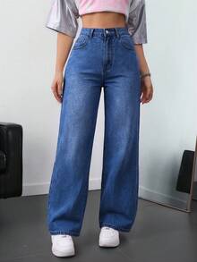 SHEIN EZwear 大尺碼女款休閒口袋直筒牛仔褲 正式校園大學風 淺藍色 夏季 - 深色水洗藍 - 查看 5