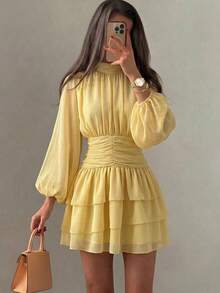 Ellevyn Women's Elegant Batwing Sleeve Ruffle Romantic Dress, Suitable For Dates Brunch Tea Party And Occasions, Autumn High-End Chiffon Yellow Dress - Yellow - View 3