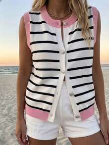SHEIN Franclia Women's Plus Size Striped Round Neck Casual Versatile Sweater Vest Contrast Color Design Button Front Cardigan Winter - Pink - View 6