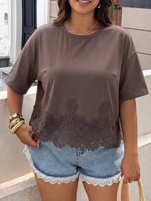 GalTyme Plus Size Women's Solid Color Contrast Lace Short Sleeve Round Neck Versatile Fashion T-Shirt Holiday Brown Summer Casual - Brown - View 8