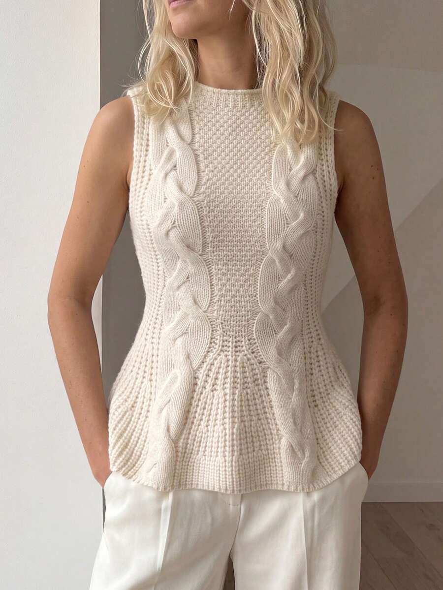 Sprig & Strand Women's Cable Knit Round Neck Ruffle Hem Vest - Apricot - View 1