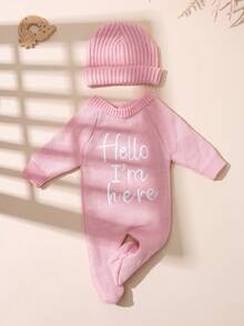 SHEIN 2件組 Hello I'm Here 淡粉色新生兒男嬰女嬰趣味圖案針織嬰兒連身衣連腳褲含帽子 秋季拍照道具 - 粉色 - 查看 2
