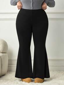 SHEIN CURVE+ Plus Size Casual Versatile Solid Color Flare Pants Fall - Black - View 9