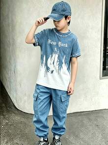 SHEIN 1 Random Set,Minimalist Letter Pattern Cargo Pants Set, Blue Gradient Font Print, Suitable For Boys School Clothes Comfortable - Multicolor - View 4