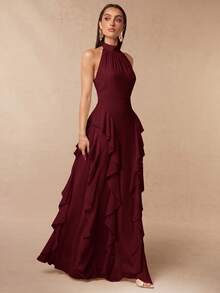 Silquee Women's Summer Elegant Solid Color Backless Halter Neck Ruffle Dress - Burgundy - View 6