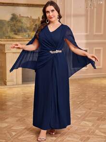 Reflora Plus Size Elegant Party Rhinestone Decorated Dress Fall - Navy Blue - View 2