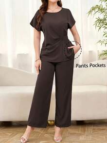 Amorya Damen einfarbiges Rundhals Kurzarm Top und Hosentaschen Lässig 2-teiliges Set - Kaffeebraun - Übersicht 1
