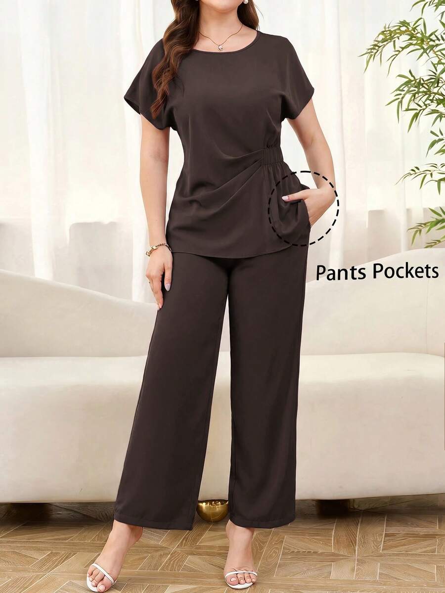 Amorya Damen einfarbiges Rundhals Kurzarm Top und Hosentaschen Lässig 2-teiliges Set - Kaffeebraun - Übersicht 1