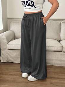 SHEIN PETITE CURVE Plus Size Solid Color Versatile Drawstring Waist Pocket Long Pants 2pcs Set For Daily Wear Fall - Multicolor - View 4
