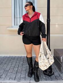 SHEIN EZwear 大尺碼黑金拼接拉鍊梭織連帽外套 登山 秋季休閒款 - 彩色 - 查看 5