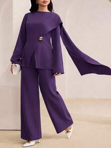 Veilorie Plus Size Metal Button Asymmetrical Hem Long Sleeve Shirt And Solid Color Long Pants 2 Pieces Set - Purple - View 4