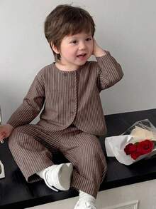 DAZY Baby Boy Striped Button Long Sleeve Shirt And Pants Set Toddler - Coffee Brown - View 1