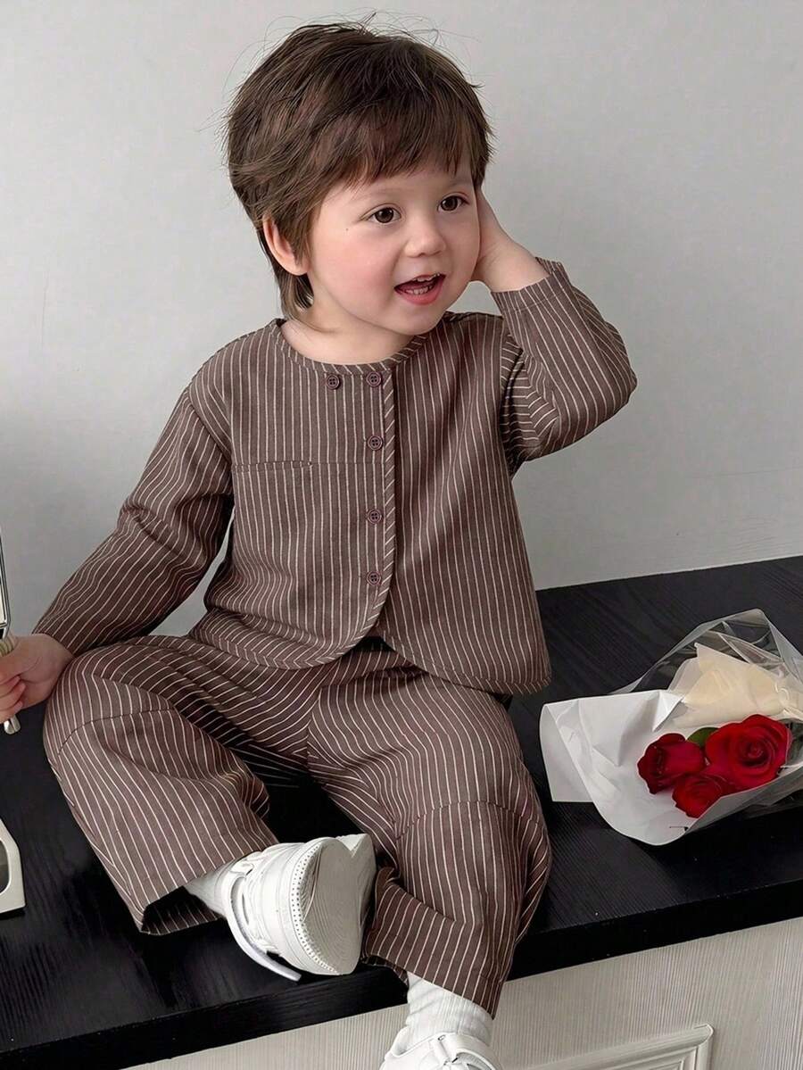 DAZY Baby Boy Striped Button Long Sleeve Shirt And Pants Set Toddler - Coffee Brown - View 1