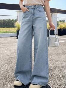 DAZY Calça Denim Feminina Casual para o Dia a Dia Lavada com Bolso Inclinado e Perna Larga para Escola - Azul bebê - Visão 6