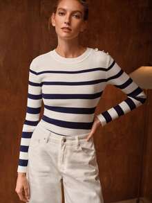 MOTF PREMIUM STRIPED BUTTON DECOR SWEATER - Royal Blue - View 1