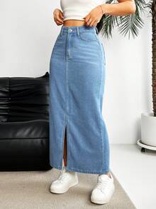 Rivivi Women's Fashionable Simple High Waist Slim Fit Split Denim Midi Skirt - Blue - View 7
