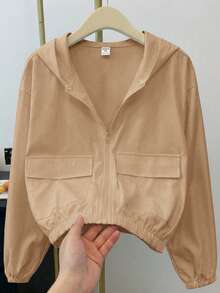 SHEIN Jaket Kasual Longgar Berkerudung untuk Remaja Perempuan, Warna Polos, Bahan Tenun, Dilengkapi Kantong, Cocok untuk Musim Gugur dan Musim Dingin. - Khaki - View 3