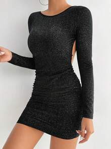 SHEIN PETITE Women Dresses Rantai Backless Criss Cross Plain Pesta - Hitam - View 3