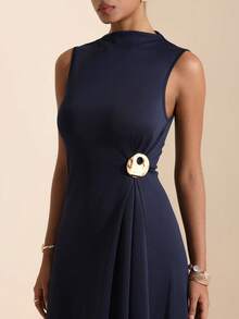 Vesra Women's Elegant Sleeveless Dress With Stand Collar, One-Side Ruched Ring Buckle Decor And Flared Draped Hem - Navy Blue - View 5
