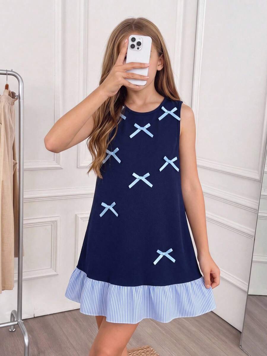 SHEIN Tween Girl Cotton Striped Sleeveless Dress, Vacation, Back To School, Daily - Blue - View 1