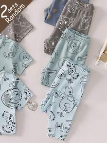 SHEIN 【6件套，随机发货2件套】男童紧身睡衣，春夏新品，时尚热销元素：恐龙、鲨鱼、狮子、大象、鳄鱼、考拉图案印花，针织弹力面料，短袖上衣和长裤两件套睡衣套装 - 彩色 - 查看 5