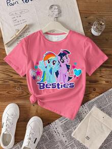 My Little Pony X SHEIN Tween Girl Cartoon Print Crew Neck Short Sleeve T-Shirt Fashion - White - View 1