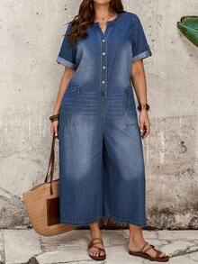 EMERY ROSE EMERY ROSE Plus Size Fashion Versatile Button Pocket Loose Denim Cropped Jumpsuit - Dark Wash - View 4
