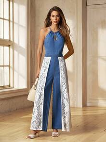 Selenza Mono de mujer casual de pierna recta con encaje y denim - Azul lavado medio - Ver 3