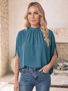 EMERY ROSE Plain Coloured Stand Collar Elegant Commuting Mid-Sleeve Shirt, Summer - Teal Blue - View 3