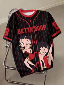 Betty Boop x SHEIN 女款字母條紋短袖休閒圓領T恤 - 白色 - 查看 1