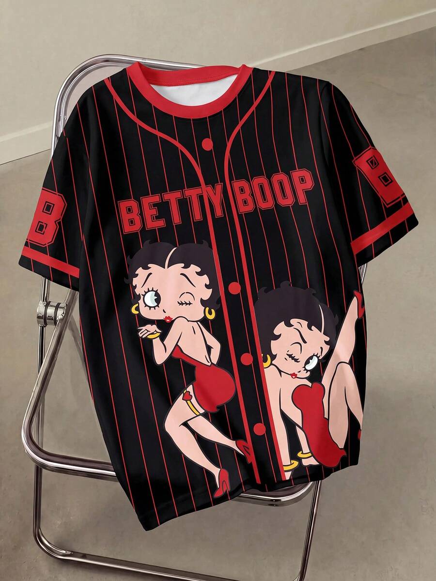 Betty Boop x SHEIN 女款字母條紋短袖休閒圓領T恤 - 白色 - 查看 1