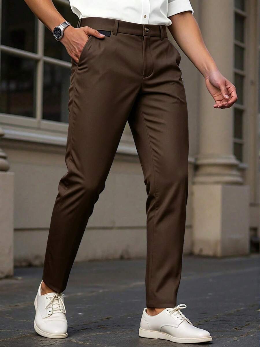 Manfinity Mode Men's Casual Button Pocket Suit Pants For Office And Commute - Brown - View 1