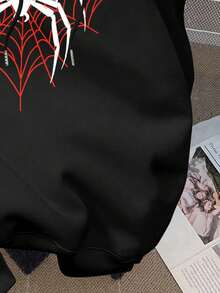 SHEIN EZwear 女款休閒寬鬆衛衣，極簡復古龐克 Y2K 百搭蜘蛛網黑紅印花圖案，適合夏季、派對、音樂節、哥德風、秋季穿著 - 黑色 - 查看 4