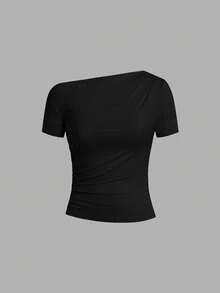 SHEIN Clasi 女款優雅百搭不對稱肩褶腰法式風T恤 3件/套 - 黑與白 - 查看 4