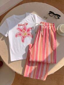 Comfortcana 2pcs/Set Embroidered Round Neck Short Sleeve Top And Striped Print Pants, Casual - Pink - View 4