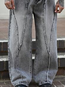 Devon Thys Men's Street Fashion Distressed Patchwork Vintage Washed Wide Leg Pants - Light Grey - View 4