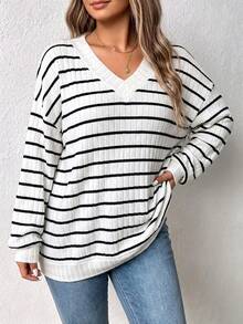 EMERY ROSE Sweatshirt Lengan Panjang Bergaris Leher V Wanita, Atasan Kasual Musim Gugur/Dingin untuk Beraktivitas di Luar Ruangan - Putih - View 6