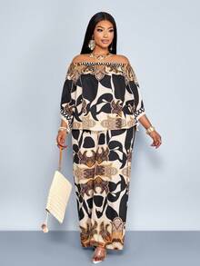 SHEIN PETITE CURVE 2pcs Set Plus Size Women Ditsy Floral Vacation Casual Spring/Summer Off-Shoulder Shirt + Wide Leg Pants Camouflage - Brown - View 5