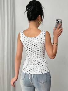 SHEIN Raffinéa 印花布料V領抓皺繫帶無袖女裝上衣 - 黑與白 - 查看 2