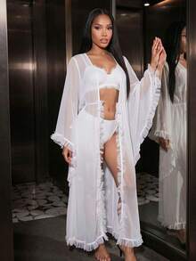 Silforma Women's Solid Color Knotted Waist Casual Loungewear Robe - White - View 3