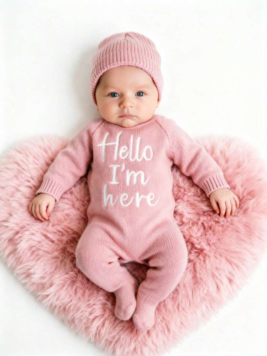 SHEIN 2件組 Hello I'm Here 淡粉色新生兒男嬰女嬰趣味圖案針織嬰兒連身衣連腳褲含帽子 秋季拍照道具 - 粉色 - 查看 1