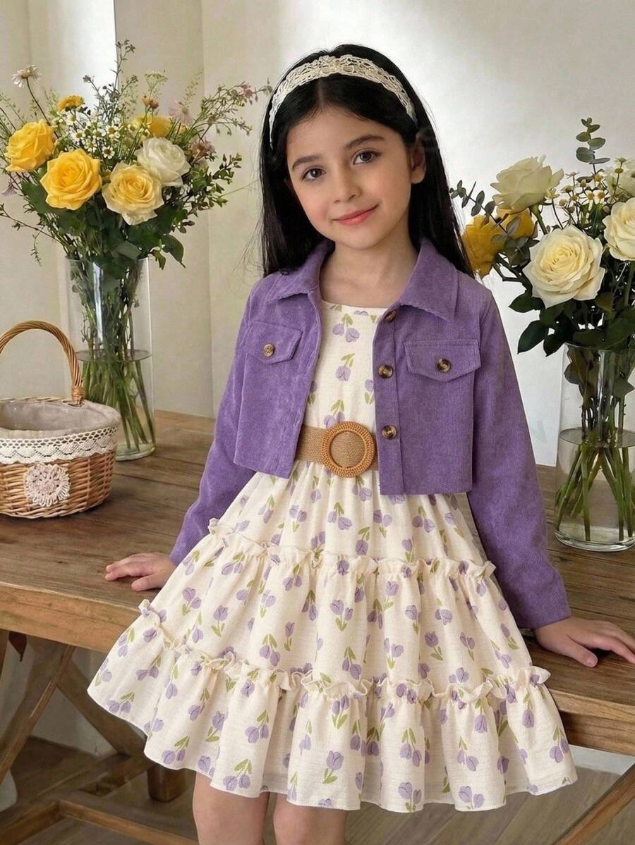 SHEIN Young Girls Set, Boho, Long Sleeve, Mini Dress, Autumn, Fall, New Fall Styles, Holiday Dress - Purple - View 1
