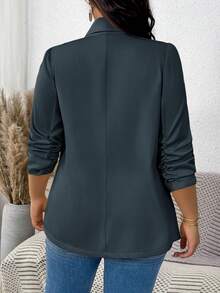 SHEIN LUNE Plus Size Women's Solid Color Pleated Sleeve Blazer In Fall/Winter - Green - View 2