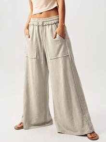 Bohemela Casual Girlisim Knitted Snow-Washed Solid Color Patchwork Loose Wide-Leg Washed Women's Pants Golf Pastal - Khaki - View 1
