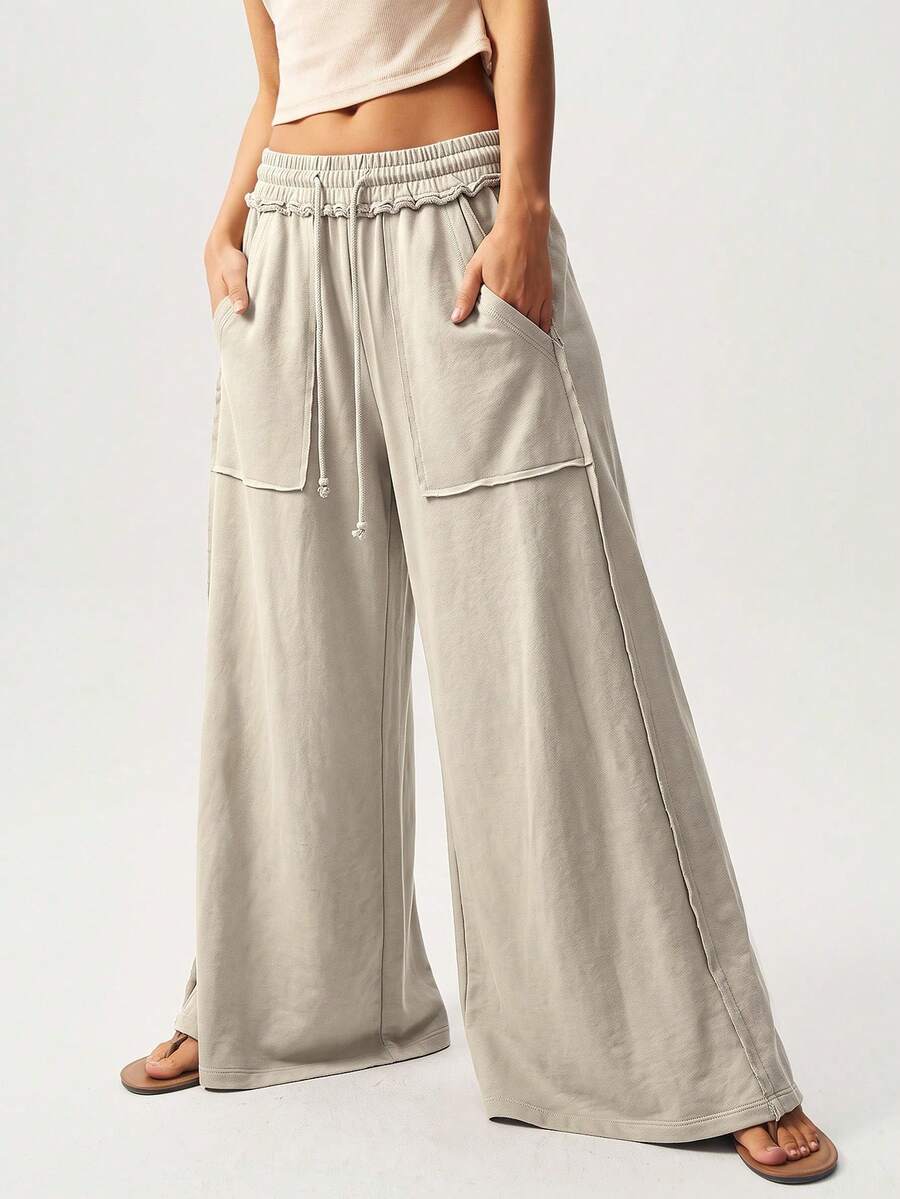 Bohemela Casual Girlisim Knitted Snow-Washed Solid Color Patchwork Loose Wide-Leg Washed Women's Pants Golf Pastal - Khaki - View 1